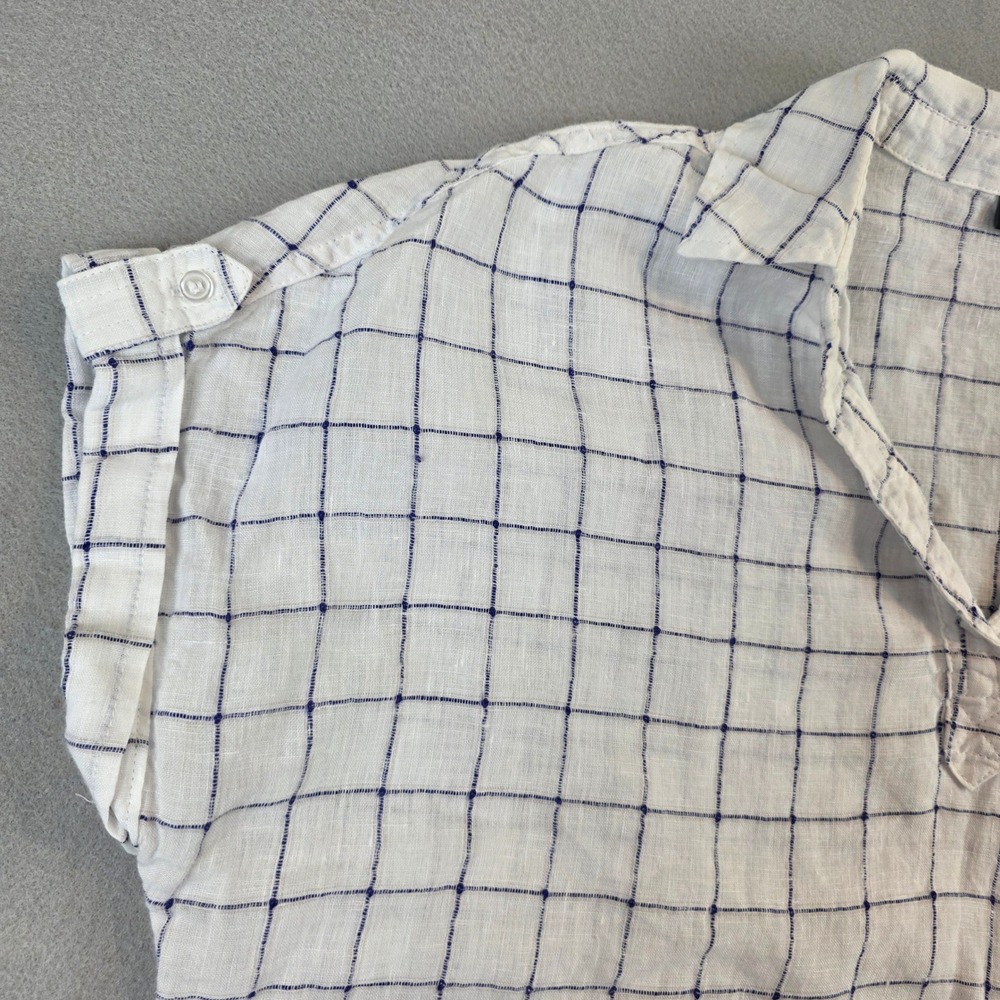Tahari Womens Medium 100% Linen Windowpane Plaid Short Sleeve Breezy Beach Shirt - Picture 2 of 10